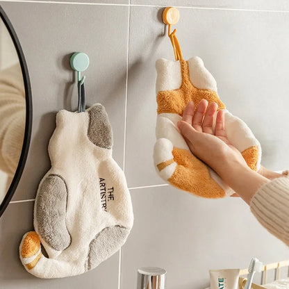 Soft Coral Fleece Cat Hand Towel, Quick-Dry Hanging Towel for Kids, Kitchen & Bathroom