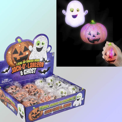 Light-Up Halloween Squishy Bead Toys Set – 12PCS Jack-O'-Lantern & Ghost LED Stress Relief Sensory Fidget Toys for Kids Halloween Party Favors