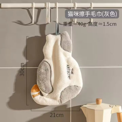 Soft Coral Fleece Cat Hand Towel, Quick-Dry Hanging Towel for Kids, Kitchen & Bathroom