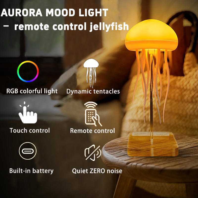 Voice Control Jellyfish Table Lamp – RGB Ambient Night Light with Sound Sensor, Floating Tentacle Motion & Rechargeable LED Mood Light