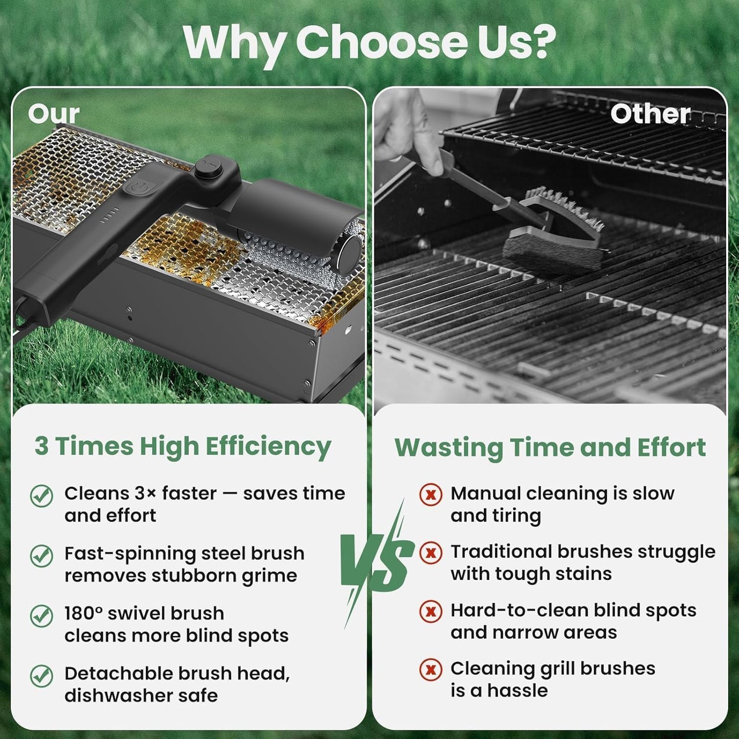 Motorized BBQ Grill Cleaner with Scraper, 36 Inch Handle & 3-Speed Power Control