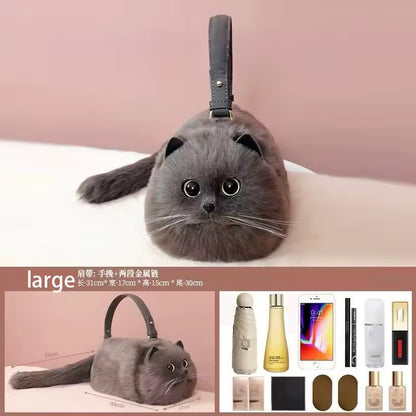 Realistic Plush Cat Handbag – Adorable Faux Fur Kitty Purse with Shoulder Strap | Cute Gift for Cat Lovers