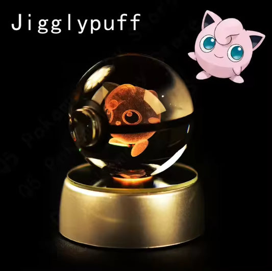 3D Pokemon Animated-Inspired Crystal Ball LED Night Light – Rotating Base Glow Sphere with Laser Engraved Character Design, Decorative Gaming & Bedroom Lamp, Collectible Gift