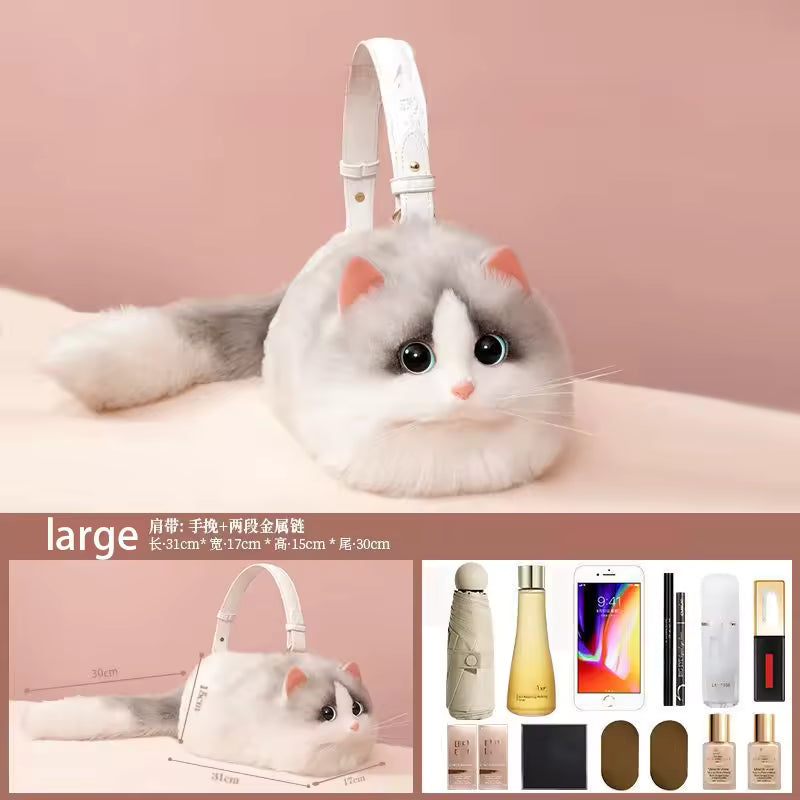 Realistic Plush Cat Handbag – Adorable Faux Fur Kitty Purse with Shoulder Strap | Cute Gift for Cat Lovers