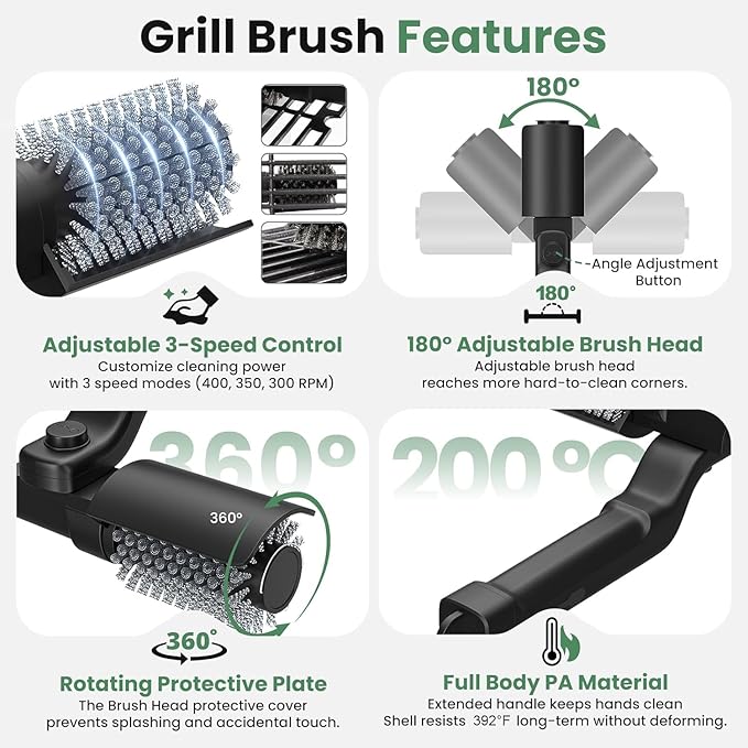 Motorized BBQ Grill Cleaner with Scraper, 36 Inch Handle & 3-Speed Power Control