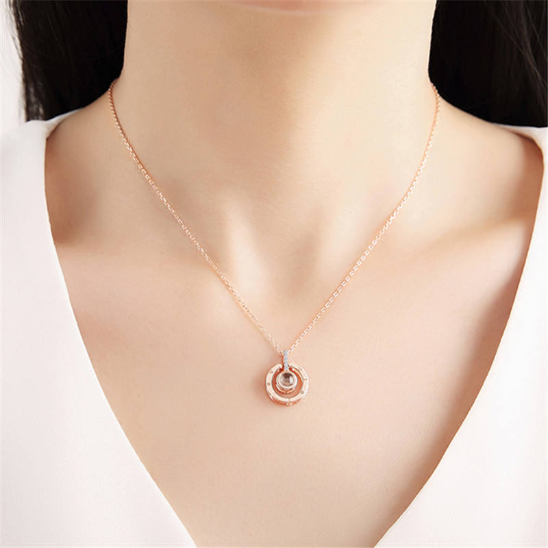 Trendy Brass Link Chain Couple Necklace – 100 Languages “I Love You” Projection Zircon Pendant | Valentine’s Day Gift for Couples