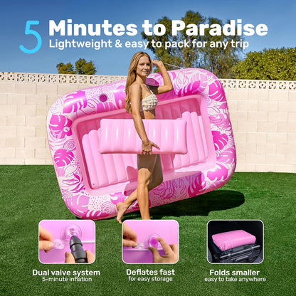 XL Inflatable Tanning Pool Float for Adults, Pink Pool Lounger Raft with Pillow & Cup Holder