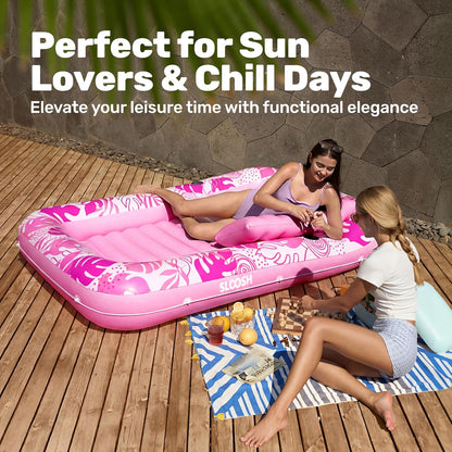 XL Inflatable Tanning Pool Float for Adults, Pink Pool Lounger Raft with Pillow & Cup Holder
