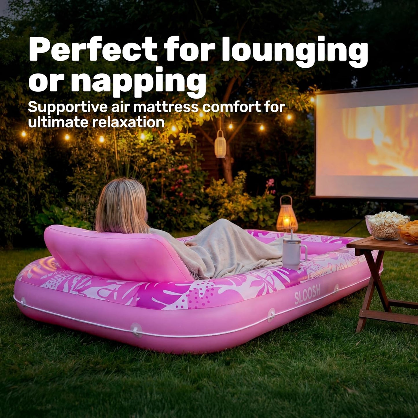 XL Inflatable Tanning Pool Float for Adults, Pink Pool Lounger Raft with Pillow & Cup Holder