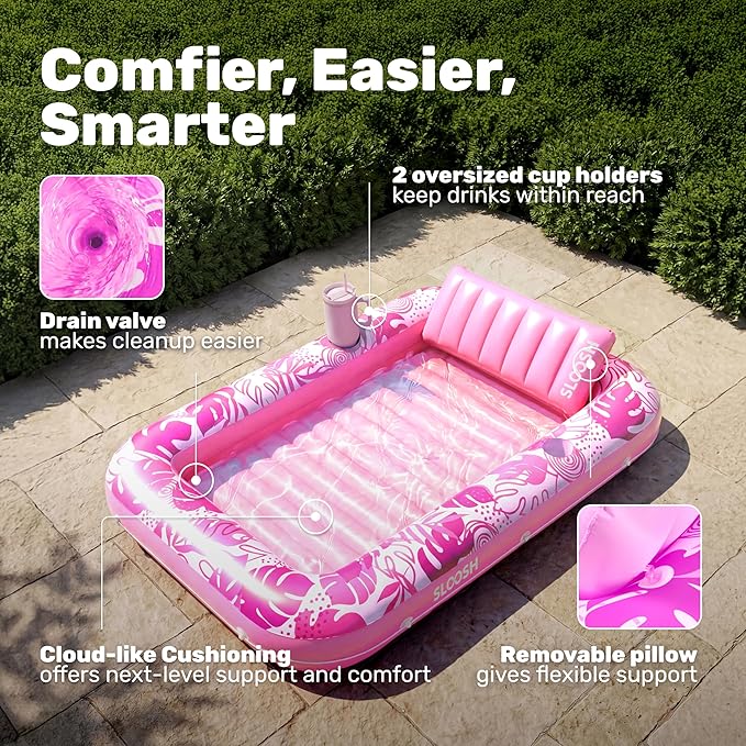 XL Inflatable Tanning Pool Float for Adults, Pink Pool Lounger Raft with Pillow & Cup Holder
